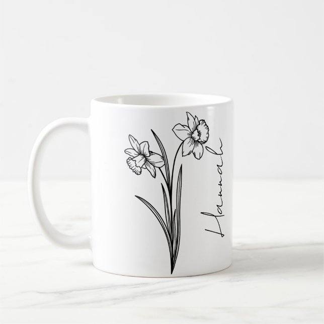 Mug Élégant nom de script Mars Fleur de naissance Daff (Gauche)
