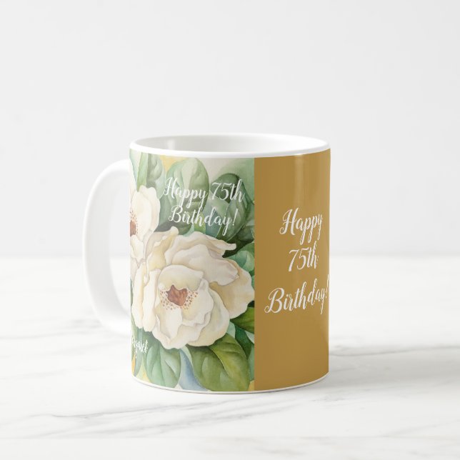 Mug Elégant Or 75ème Anniversaire Floral Magnolia Nom (Devant gauche)