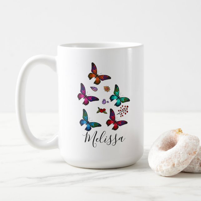 Mug Élégant Papillons colorés Motif personnalisé (Avec donut)