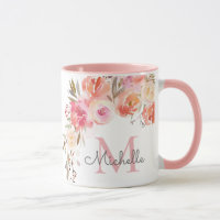 Élégant Pastel Peach Rose Rose Rose Floral Monogra