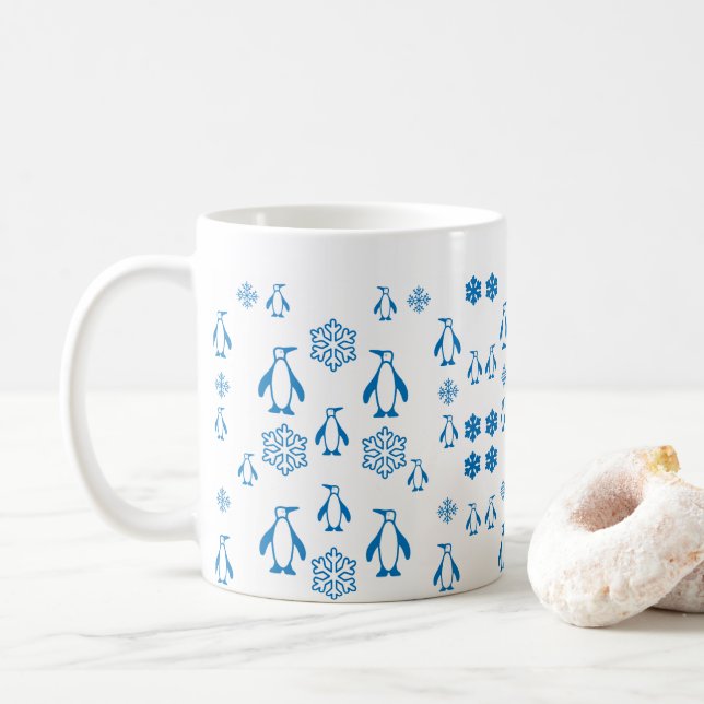 Mug Élégant Pingouins Bleus avec Motif de flocons de n (Avec donut)