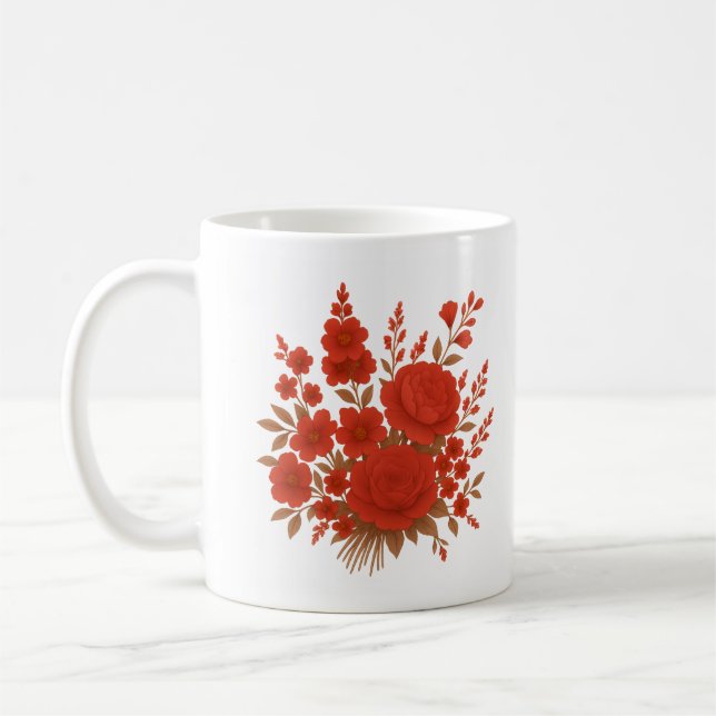 Mug Elegant Red Floral Bouquet with Roses Romantic (Gauche)