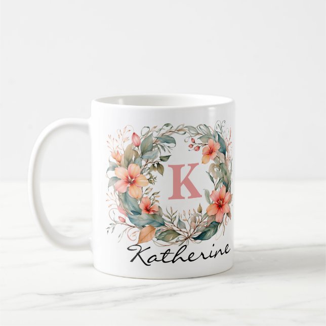 Mug Elégant rose Aquarelle Fleurs Monogramme Nom (Gauche)