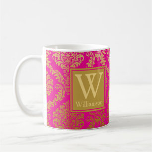 Mug Élégant rose chaud et damas doré personnalisé