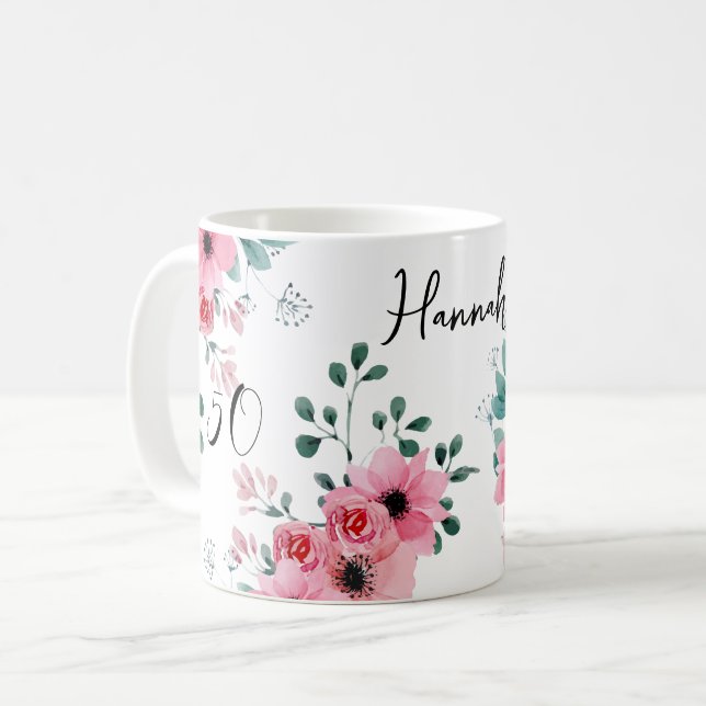 Mug Elégant rose floral 50e anniversaire Personnalisé (Devant gauche)