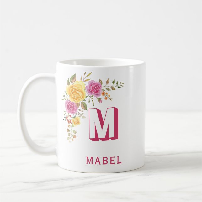 Mug Élégant rose jaune Nom personnalisé Floral Monogra (Gauche)