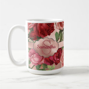 Mug Élégant rose rose Vintage Roses Floral Monogramme