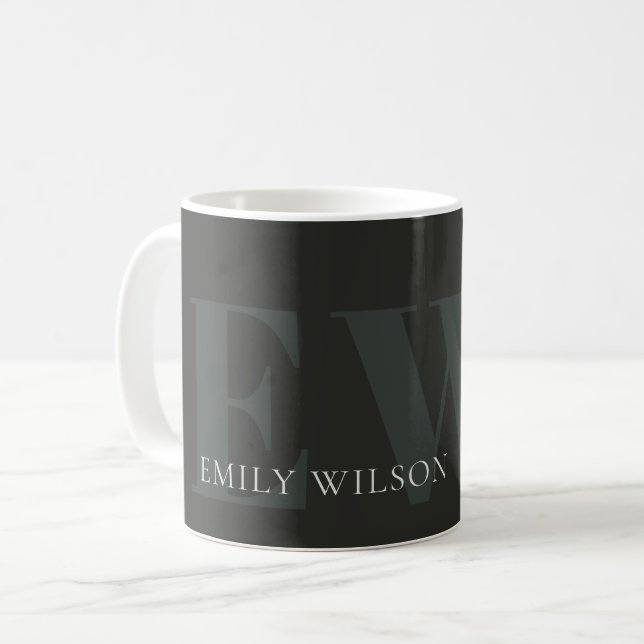 Mug Élégant rustique foncé vert foncé Monogramme noir (Devant gauche)