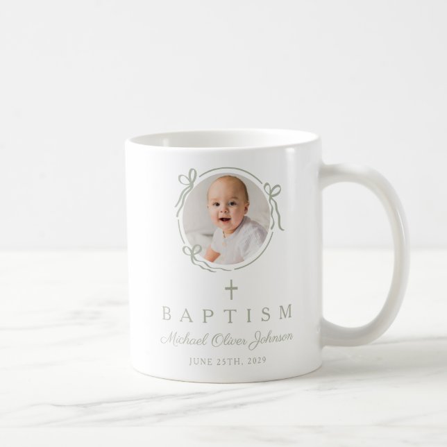 Mug Elegant Sage Green Bow Boy Photo Baptism (Droite)