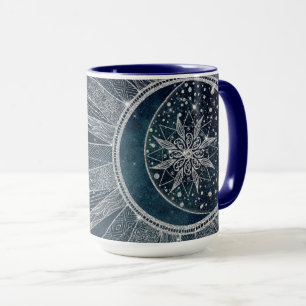 Mug Elégant Silver Sun Moon Doodle Mandala Blue Design