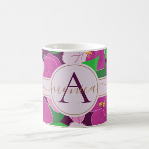 Mug Élégant Tropical Floral Nom Or Monogramme