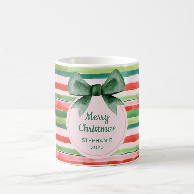 Mug Élégant Vert Rouge Grilles Ruban Noël (Centre)