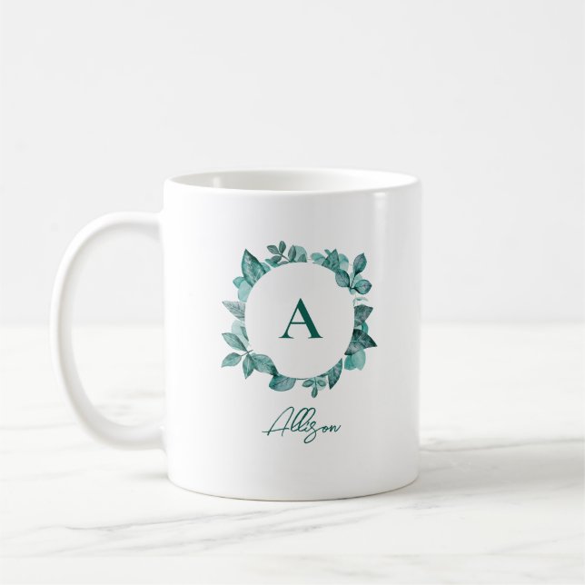 Mug Elégant vert Turquoise Aquarelle Monogramme (Gauche)