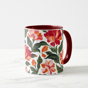 Mug Élégant Vintage Rouge & Corail Motif Floral Noir