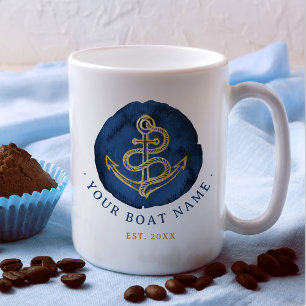 Mug Elégante Ancre aquarelle Nom nautique Marine Bleu