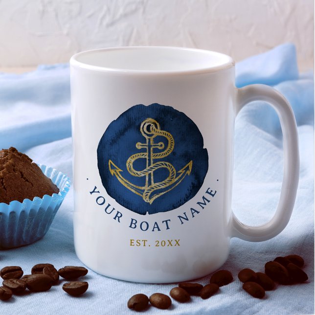 Mug Elégante Ancre aquarelle Nom nautique Marine Bleu (Créateur téléchargé)