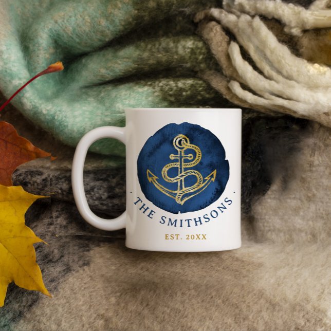 Mug Elégante Ancre aquarelle Nom nautique Marine Bleu (Créateur téléchargé)