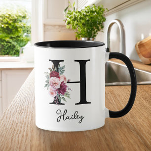 Mug Elégante aquarelle Florale Nom initial Monogramme