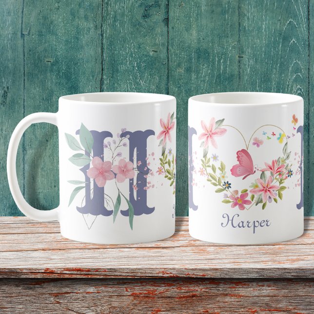 Mug Elégante aquarelle papillon floral Monogramme H (Créateur téléchargé)