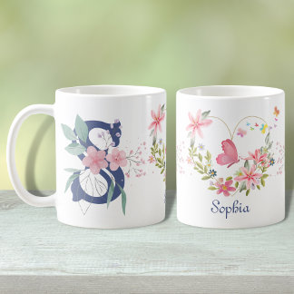 Mug Elégante aquarelle papillon floral Monogramme S