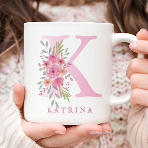 Mug Elégante aquarelle rose Floral Nom