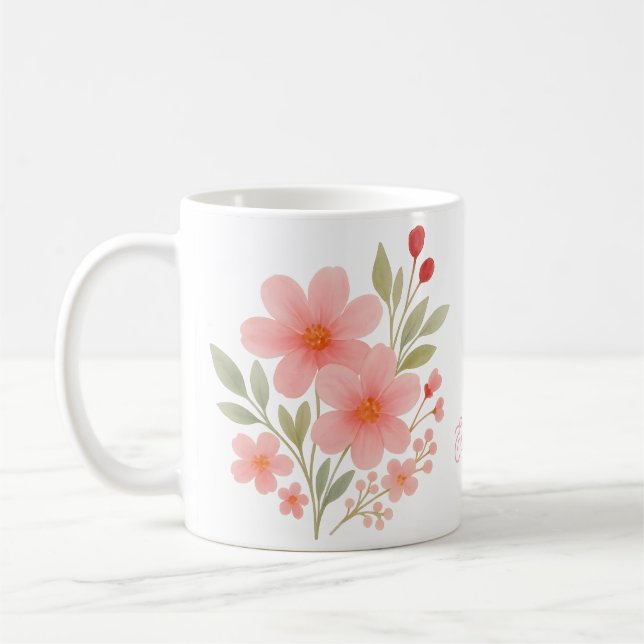 Mug Elégante Aquarelle rose Floral Personnalisé Monogr (Gauche)