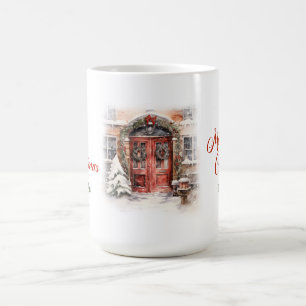 Mug Elégante aquarelle rustique porte rouge neigeux pi