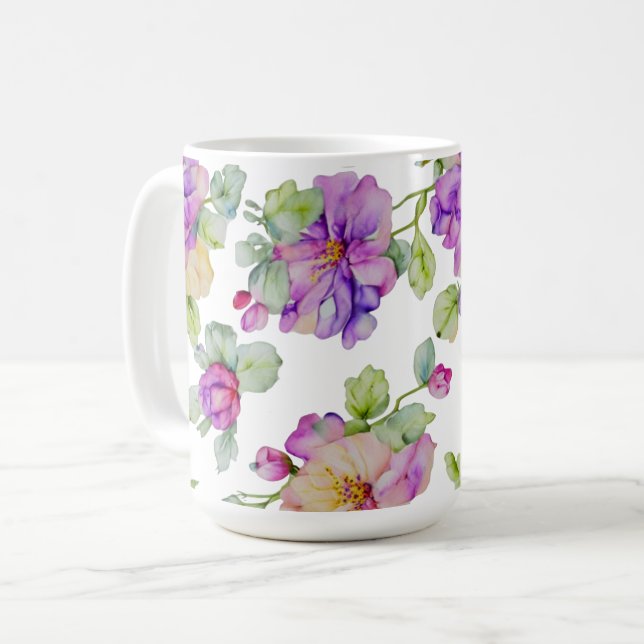 Mug Elégante couleur rose violet aquarelle florale (Devant gauche)