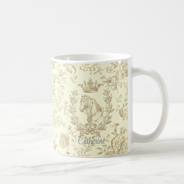 Mug Elégante Crème Beige Equestre Floral Nom (Droite)