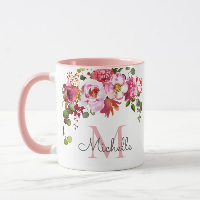 Mug Élégante Fille Rose Rose Nom floral Monogramme (Gauche)