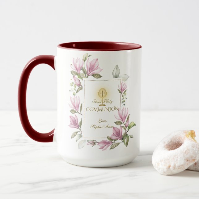 Mug Elégante Fleurs Magnolia Or Première Communion Sai (Avec donut)