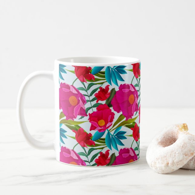 Mug Élégante Fleurs Tropicales Roses Et Rouges (Avec donut)