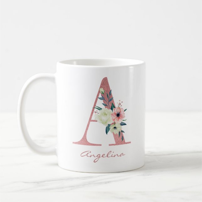 Mug Élégante lettre florale A Bouquet rose et ivoire (Gauche)