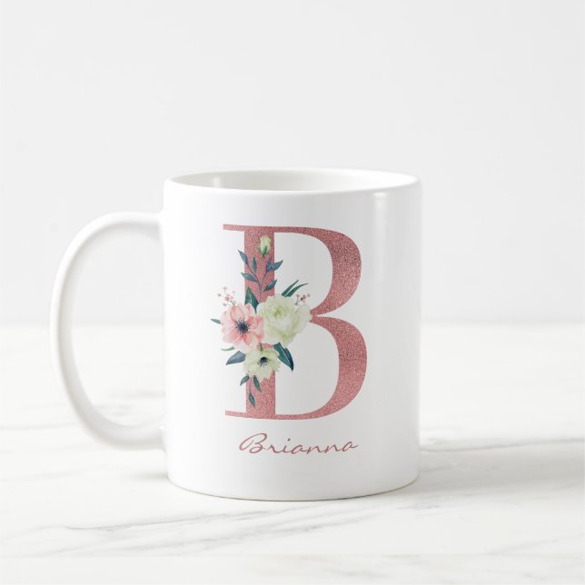 Mug Élégante lettre florale B Bouquet rose et ivoire (Gauche)