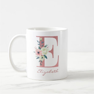 Mug Élégante lettre florale E Bouquet rose et ivoire