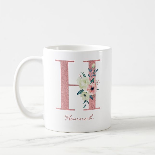 Mug Élégante lettre florale H Bouquet rose et ivoire (Gauche)