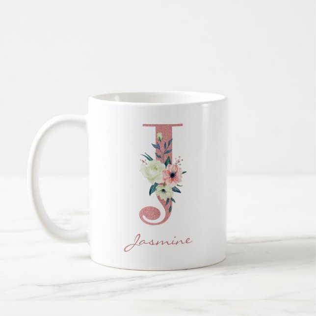 Mug Élégante lettre florale J Bouquet rose et ivoire (Gauche)