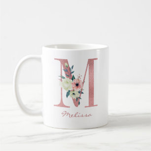 Mug Élégante lettre florale M Pink and Ivory Bouquet