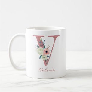 Mug Élégante lettre florale V Bouquet rose et ivoire