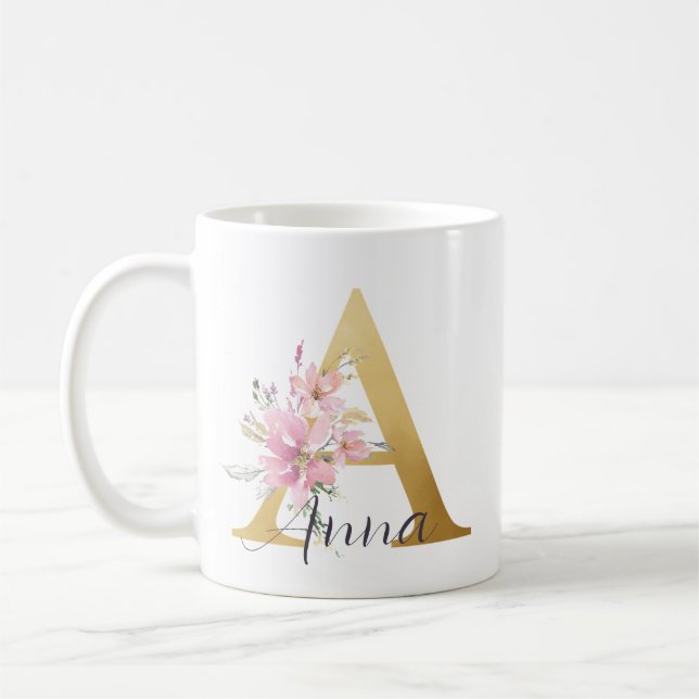Mug Élégante lettre rose florale or Monogramme A (Gauche)