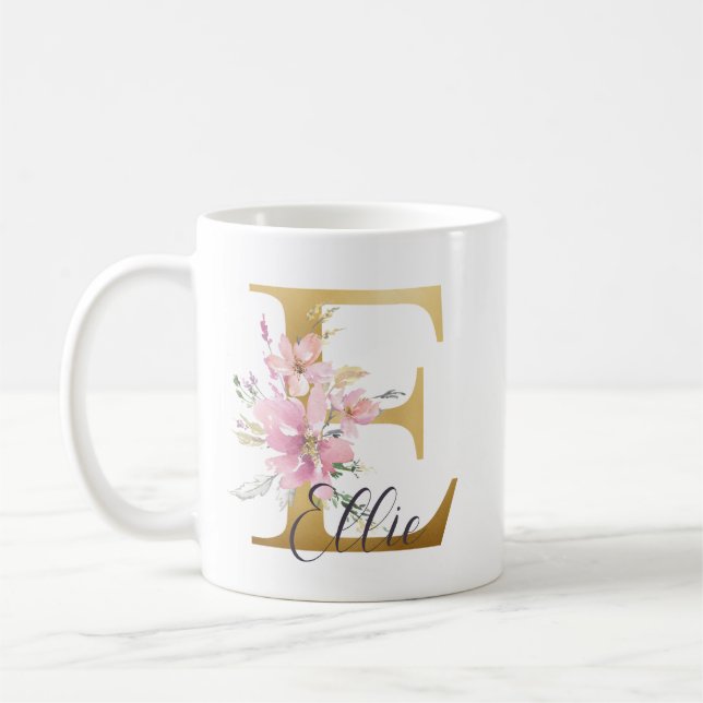 Mug Élégante lettre rose florale or Monogramme E (Gauche)