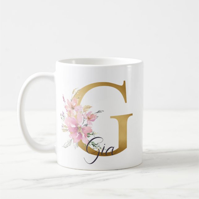 Mug Élégante lettre rose florale or Monogramme G (Gauche)