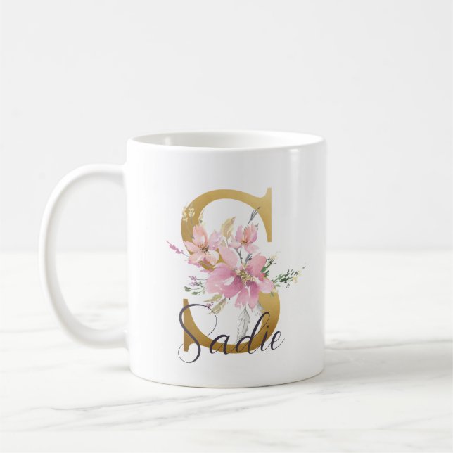 Mug Élégante lettre rose florale or Monogramme S (Gauche)