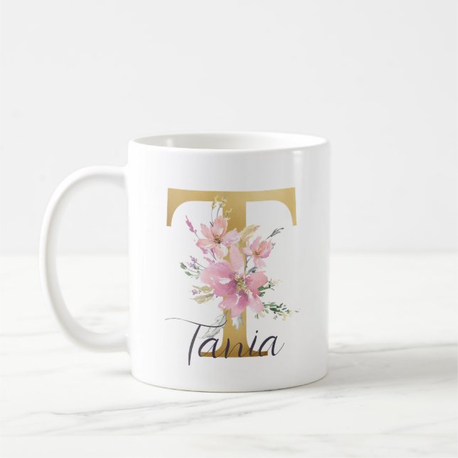 Mug Élégante lettre rose florale or Monogramme T (Gauche)