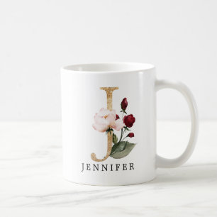 Mug Élégante rousse dorée et fleurs bordeaux J