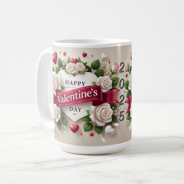 Mug Elégante Saint Valentin Design avec Roses, Coeurs (Devant gauche)