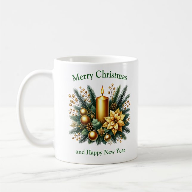 Mug Elégante sauge et or bougie de Noël et pin (Gauche)