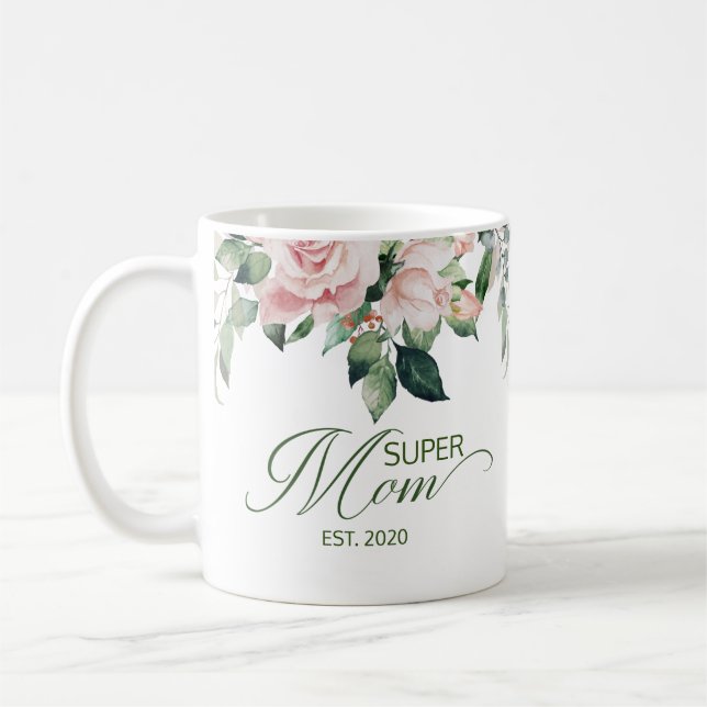 Mug Élégante Super Maman Floral Script Fête des Mères (Gauche)