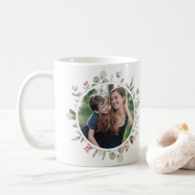 Mug Elégante verdure hiver Wreath 2 Photo Holiday (Avec donut)