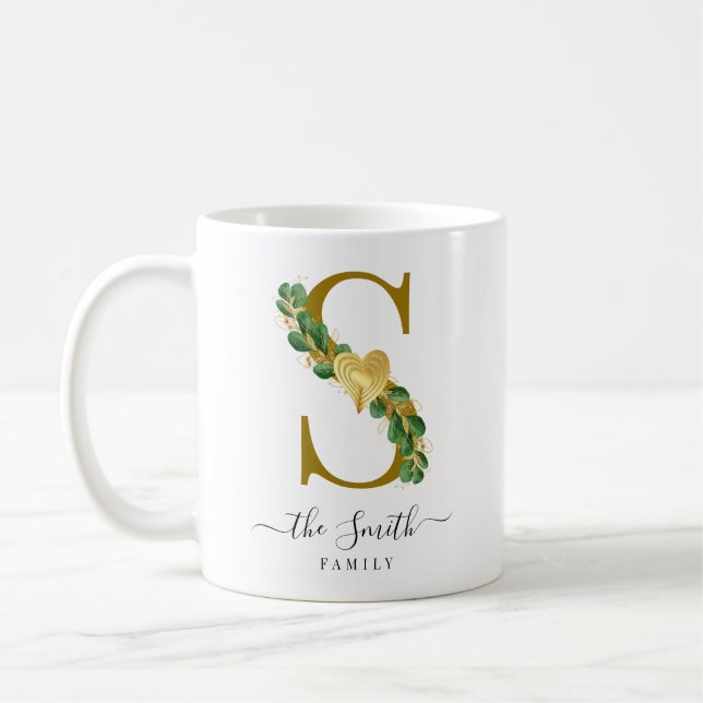 Mug Élégante verdure Monogramme Nom de famille Lettre  (Gauche)